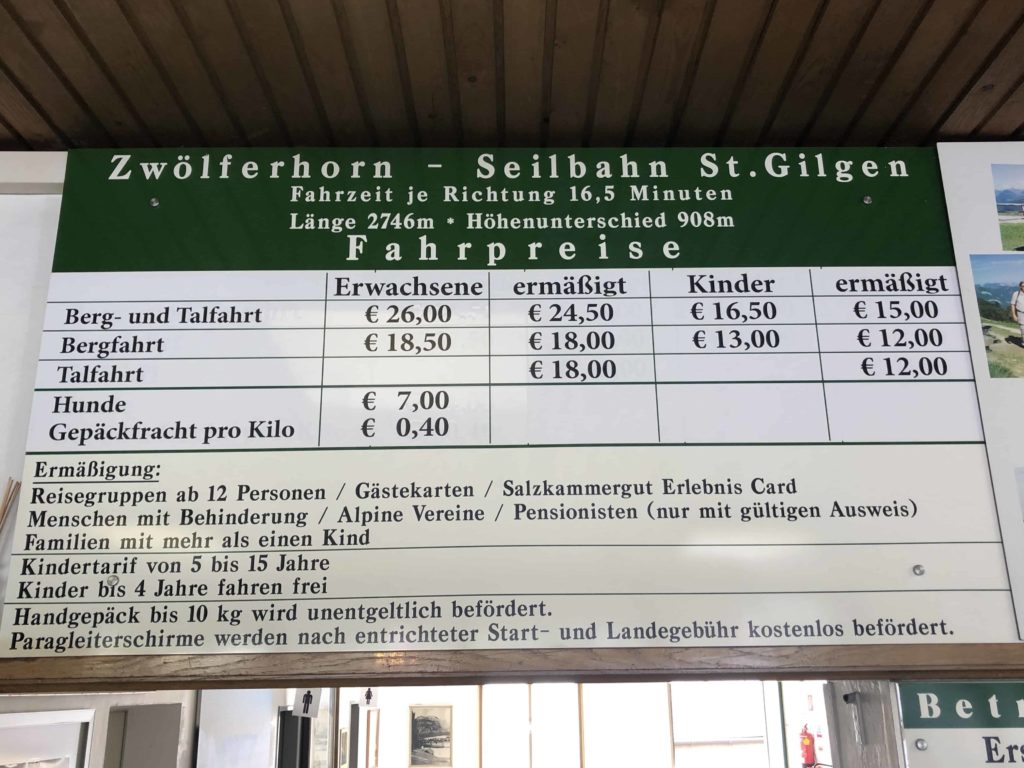 Zwölferhorn ceník lanovky